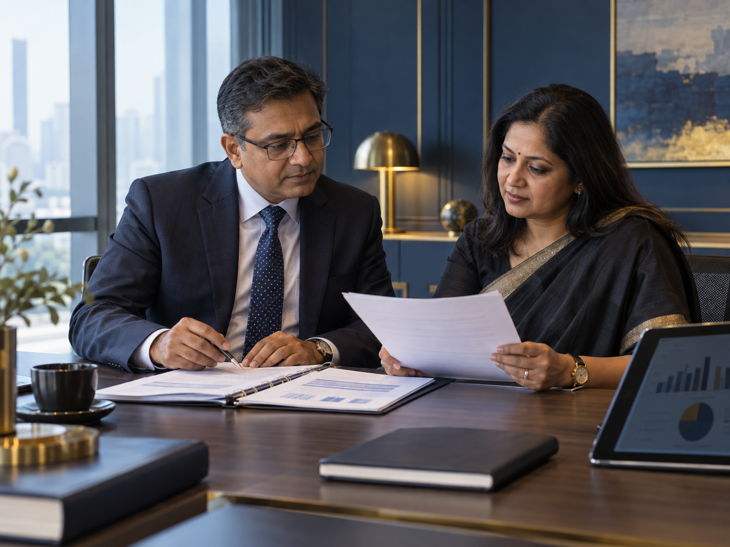 Senior corporate finance and legal professionals assessing receivables documentation